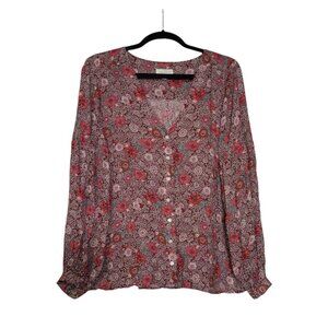 Lucky Brand Floral Bohemian Red Blouse V-Neck Loose Stretchy Tie Sleeve Size XL